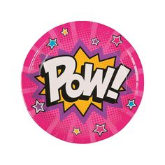 a pink paper plate with the word pow in comic style letters and stars on it