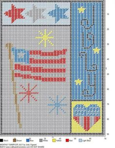 a cross stitch pattern with an american flag and stars on the side, in red white and blue