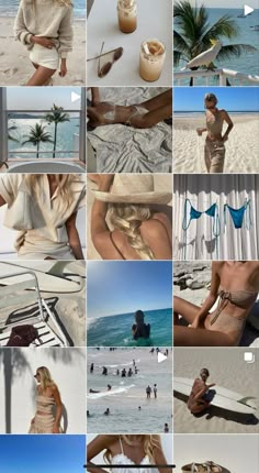 a collage of photos with people on the beach and in the water, one woman is wearing a bathing suit