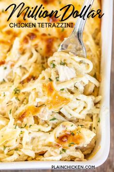 chicken tetrazzini casserole in a white dish with a serving spoon