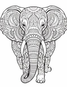 an elephant with intricate patterns on it's face is shown in black and white