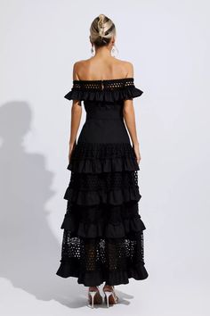 Fitted Off-shoulder Maxi Dress With Lace Trim, Elegant Off-shoulder Maxi Dress With Lace Trim, Black Off-shoulder Maxi Dress With Ruffles, Chic Off-shoulder Lace Maxi Dress, Off-shoulder Lace Trim Maxi Dress For Summer, Lace Hollow Out Maxi Dress, Black Off-shoulder Maxi Dress For Vacation, Glitter Wedding Dress, Bandage Midi Dress