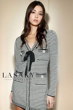 Lasaky - Premium Long Sleeve Bow V-Neck Winter Sweater Dress - Striped Melange Sweater, Office Party Outfits, Winter Sweater Dresses, Knit Dress Pattern, Sweater Mini Dress, Zebra Dress, Sweater Dresses, Long Sleeve Knit Dress, Half Sleeve Dresses