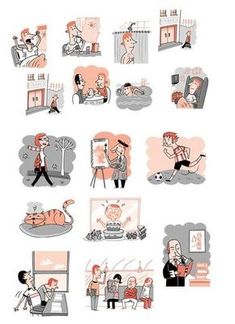 an illustrated series of people doing different things in the house, including cats and dogs