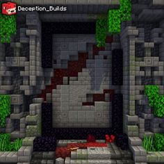 a screenshot of a room in a minecraft style with plants and rocks on the walls