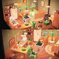 two pictures of the same room in an animal crossing house, one is filled with furniture and