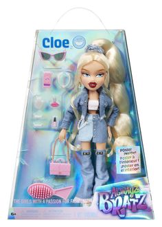 a doll with blonde hair and blue jeans is in a box on the white background