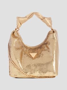 Sequin hobo bag Allover sequins Shiny gold-tone hardware Front signature triangle plaque Organized and lined interior Zip-top closure Satin top handle with 6" drop. Detachable chain strap with 18.75" drop. 8.25"W x 7.5"H x 4.75"D Gold Hobo Bag With Detachable Handle For Formal Occasions, Elegant Gold Hobo Bag With Top Handle, Gold Rectangular Hobo Bag For Formal Occasions, Formal Gold Hobo Bag With Detachable Handle, Luxury Hobo Shoulder Bag For Party, Gold Hobo Bag With Detachable Strap For Evening, Gold Rectangular Hobo Bag With Detachable Strap, Gold Hobo Bag For Formal Occasions, Elegant Gold Hobo Bag With Detachable Strap