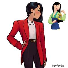 a woman in a red blazer and black pants with her hands on her hips