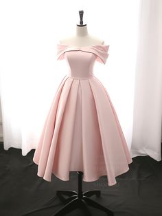 A-Line Off Shoulder Satin Tea Length Pink Prom Dress, Pink Formal Dress Light Pink Tea Length Dress, Dresses To Homecoming, Pink Dress Off Shoulder, Dresses Simple Elegant, Pink Tea Dress, Of The Shoulder Dresses, Homecoming Dresses Poofy, Knee Length Prom Dresses, Short Dresses Pink