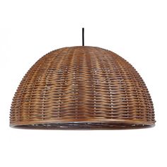 the light fixture is made out of wicker and has a black cord on it