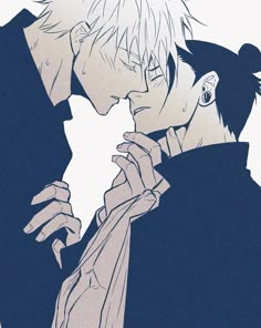 two anime characters kissing each other in front of a white background with black and blue colors