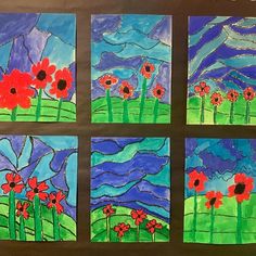 four paintings with red flowers on them in the middle of each one, and blue sky above