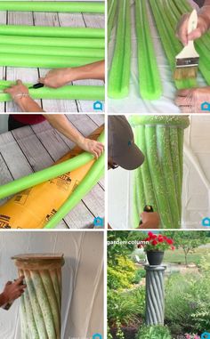 several pictures showing how to make an umbrella out of plastic straws and other things