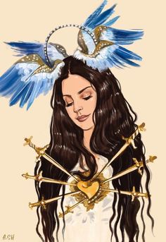 a drawing of a woman with long hair and angel wings on her head, surrounded by arrows