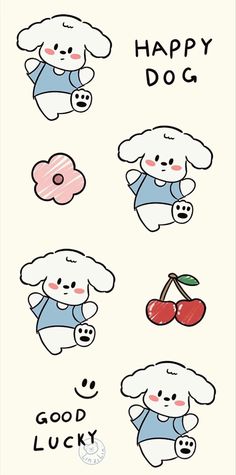 an animal sticker with the words happy dog on it's back and two cherries