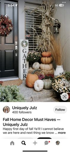 an instagram page with pumpkins and other decorations on the front porch for fall