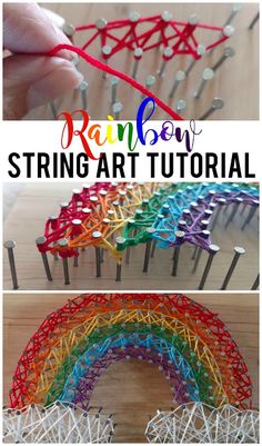 the rainbow string art is being made with yarn