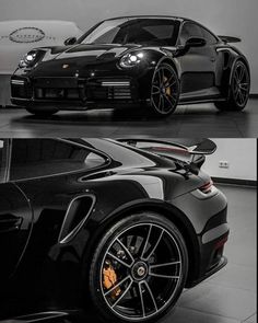 two black sports cars side by side in a showroom, one with orange wheels