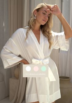 DESCRIPTION Our premium satin robes are the perfect gift, a truly lasting keepsake for special occasions, whether its a wedding, birthday, baby shower, anniversary or even for your own self care whilst relaxing at home.  Product information:     * It has 2 hidden pockets     * A tie on the inside to stop it from opening     * 3/4 sleeves     * Comes with a belt     * Relaxed and roomy     * Model wears XS-S size in photo     * Model typically wears size UK 6-8     * Model's height - 5'7"     * H Bride Pajamas, Satin Bridal Robe, Bride Pajama, Satin Robes, Bridal Party Robes, Satin Kimono, Dressing Gown Robe, Wedding Robe, Satin Short