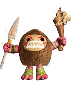 an image of a cartoon character holding a spear and wearing a mask with teeth on it