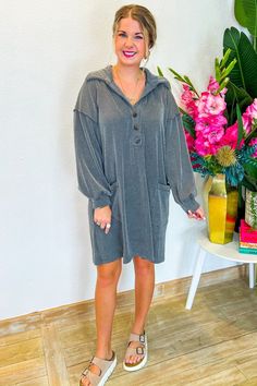 When you need that perfect blend of casual and chic, the Remember The Days Mini Dress is your go-to! Crafted with a stretchy ribbed accordion-style material and a quarter-length button closure, this mini dress effortlessly transitions from summer to fall. Picture yourself wearing it on a sunny day at the farmers' market with sandals, or at an outdoor concert with sneakers for a laid-back vibe. Style it with a denim jacket when the temperatures drop, and you'll be ready for anything! PRODUCT FIT Ribbed Mini Dress For Loungewear, Casual Ribbed Mini Dress For Loungewear, Fall Loungewear Knee-length Mini Dress, Fall Knee-length Loungewear Mini Dress, Fall Knee-length Mini Dress For Loungewear, Ribbed Mini Length Loungewear Dress, Gray Ribbed Mini Dress, Mini Length Loungewear Dress, Casual Ribbed Loungewear Dresses