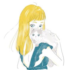 a drawing of a girl holding a cat in her arms and looking at the camera