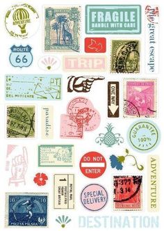 various stamps and stickers on a white background