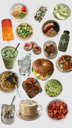 many different foods and drinks are arranged in the shape of a circle on a white background