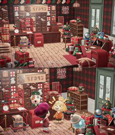 an animated christmas scene is shown in two different pictures