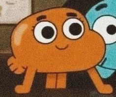 an orange and blue cartoon character are facing each other