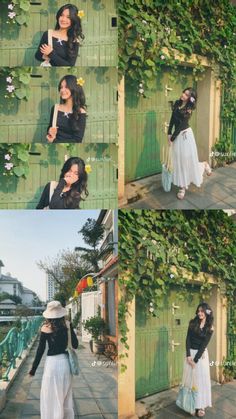 four different pictures of a woman standing in front of a green door with ivy growing on it