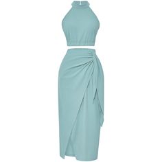 Light Blue Sleeveless Halter Crop and Split Skirt Set Blue Two-piece Sleeveless Dress, Blue Two-piece Skirt For Party, Blue Two-piece Party Skirt, Two-piece Blue Party Skirt, Blue Party Skirt (two-piece), Asymmetrical Outfit, Bodycon Tops, Dresses Ladies, Split Skirt