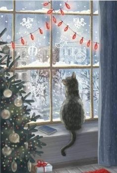 a cat sitting on a window sill looking out the window at christmas trees and presents