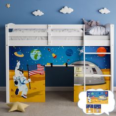 a child's bedroom with an astronaut themed bunk bed and space theme wallpaper