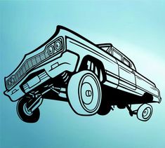 a black and white drawing of a car with wheels on it's tires, flying through the air