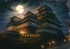 an artistic painting of a castle on top of a hill at night with the moon in the sky