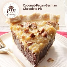 a piece of chocolate pecan german chocolate pie on a white plate with a fork