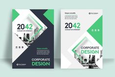 a green and black business brochure with geometric shapes