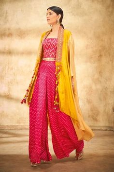 Shop for Aditi Somani Pink Pure Silk Dual Toned Cape And Bandhani Pant Set for Women Online at Aza Fashions Asymmetric Cape, Bandhani Pattern, Long Cape, Pant Set For Women, Pink Suit, Satin Color, Lace Crop Tops, Chevron Pattern, Pant Set