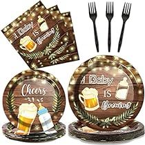 beer themed baby shower party supplies including plates, napkins and forks with lights on them