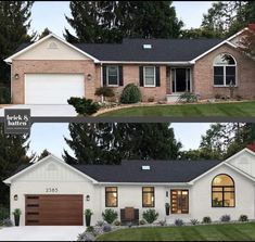 before and after photos of a house with two garages on each side, the front is white