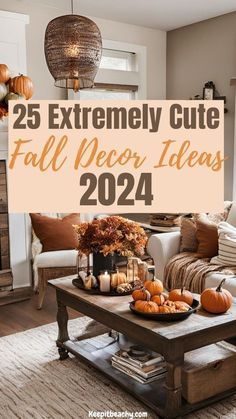 a living room filled with lots of furniture and fall decorations on top of a coffee table