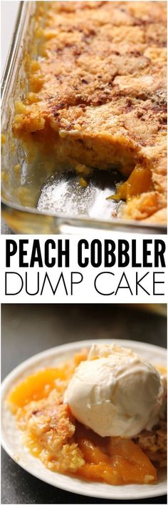 peach cobbler dump cake with ice cream on top and in the background text reads peach cobbler dump cake