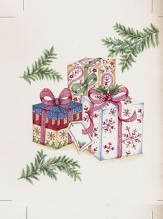 two presents wrapped in red, white and blue paper with bows are sitting next to pine branches