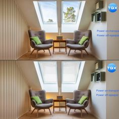 two pictures of a chair and table in front of a window with skylights on them