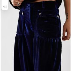 We The Free People Size 26 Dark Blue Oceana Velvet Lotus Pants, 100% Polyester, No Stretch, Pockets, Zipper Fly, Adjustable Tie Leg Opening Blue Velvet Pants, Light Blue Romper, Free People Jumpsuit, Black Onesie, Free People Romper, Free People Velvet, Balloon Pants, Boho Romper, Embroidered Pants