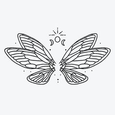 a black and white drawing of a butterfly's wings with the sun in the background