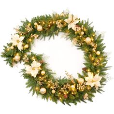 a christmas wreath with lights and poinsettis