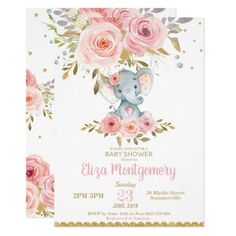 an elephant baby shower is shown with pink flowers